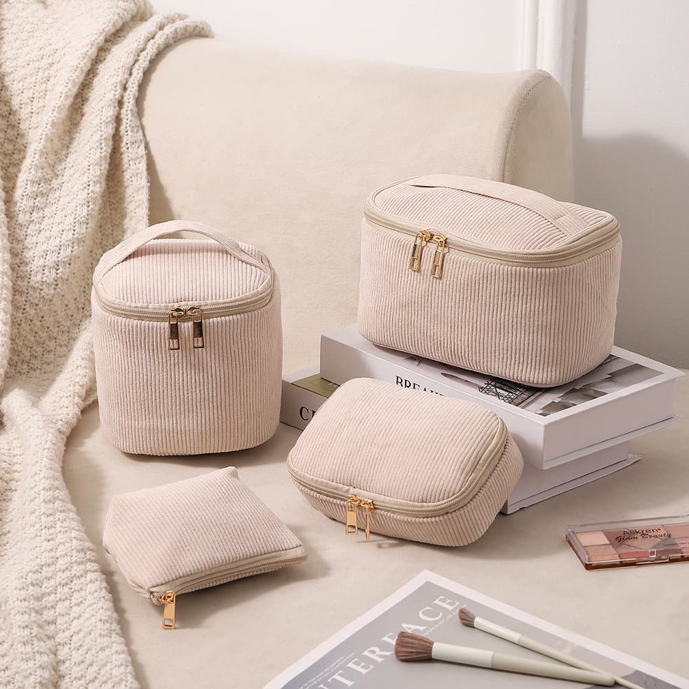 2026 New Cross-border Dropshipping 4-Piece Corduroy Cosmetic Bag Set Large Capacity Button Cosmetic Bag