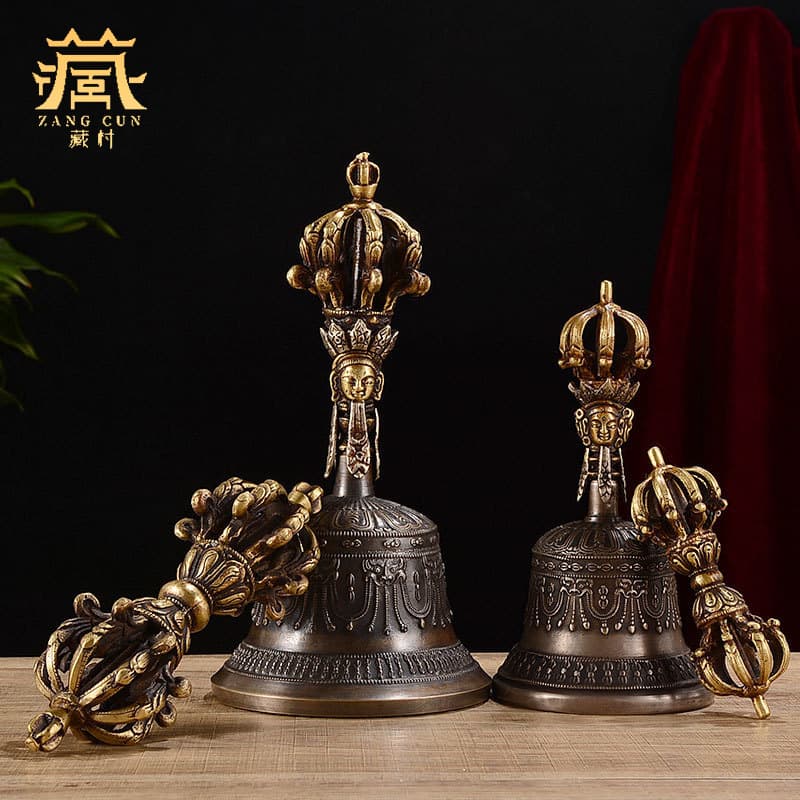 Tibetan Village Vajra Bell and Pestle for Home Use - Indoor Ritual Set, Handmade Nepalese Copper Nine-Spoked Vajra Bell Decor