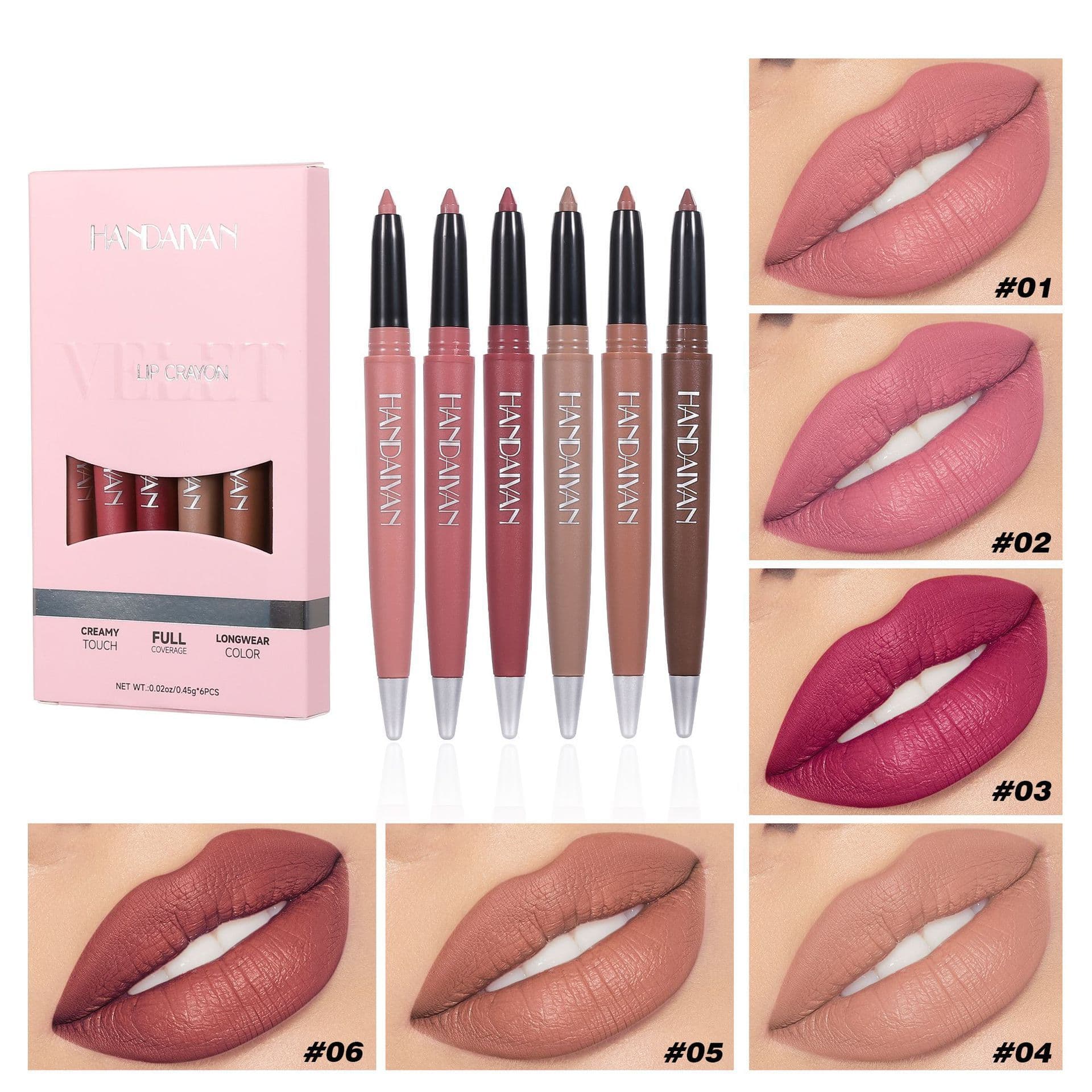 Cross-Border Matte Lip Liner Pen Set Define Lips Handaiyan Lip Pencil Long-Lasting Waterproof 6-Color Lip Liner Pen