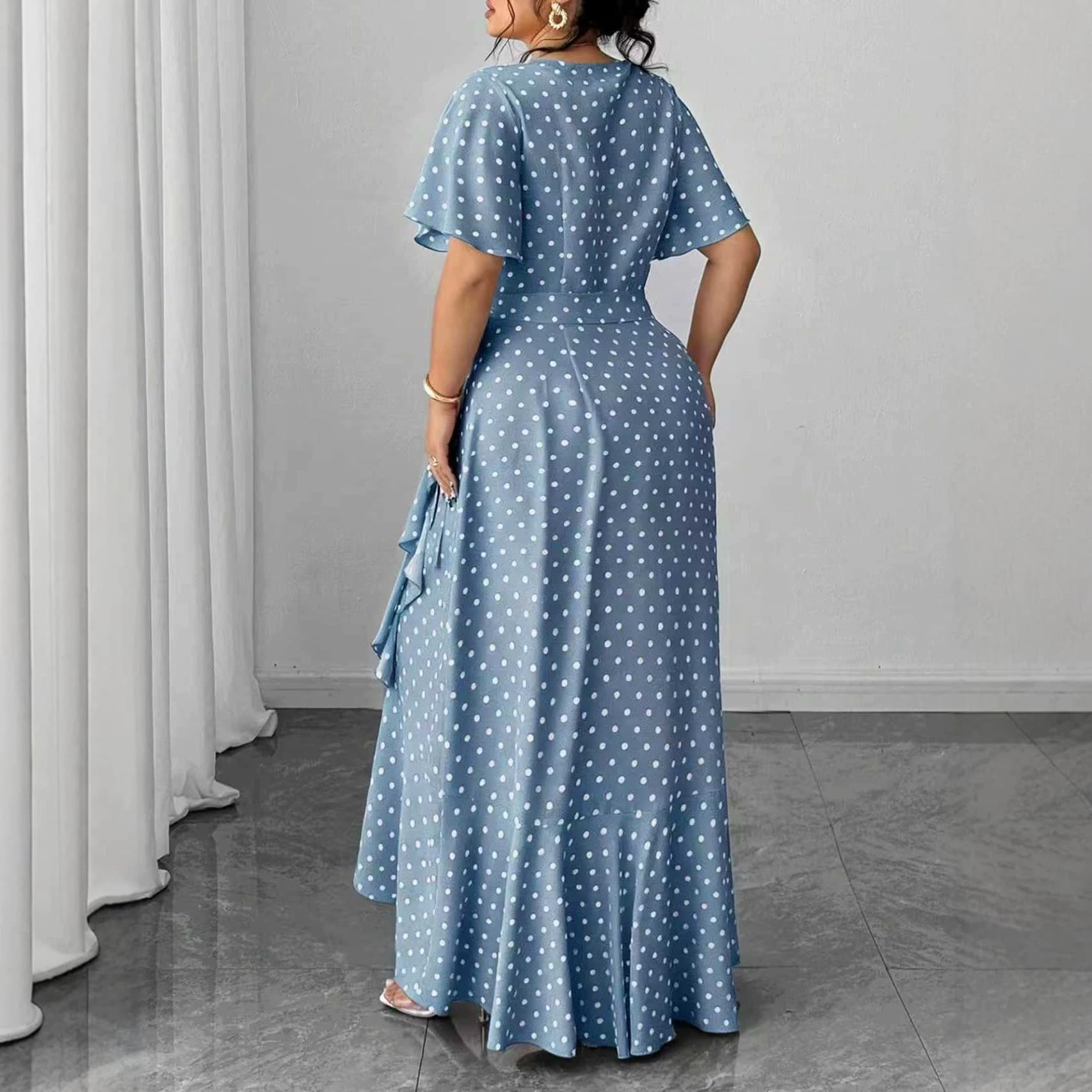 Cross-border Trade European and American Plus Size 2026 Summer New Style Simple Elegant V-Neck Floral Print Tie-Back Mid-Length Dress