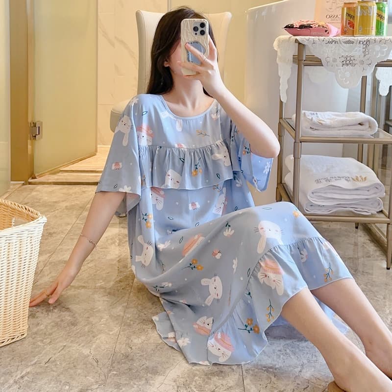 Anti-Protrusion Nightdress for Women, Summer Thin Plus-Size Cotton Silk Skirt, 2025 New Ice-Feel Cotton Silk Loose Loungewear