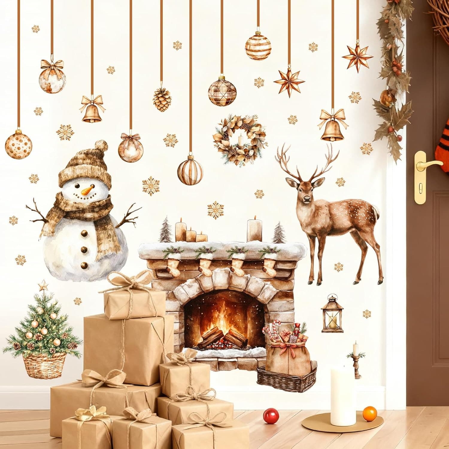 Vintage Watercolor Christmas Fireplace Snowman Elk Wall Sticker Self-Adhesive PVC Wall Decal for Living Room Background Window Decoration