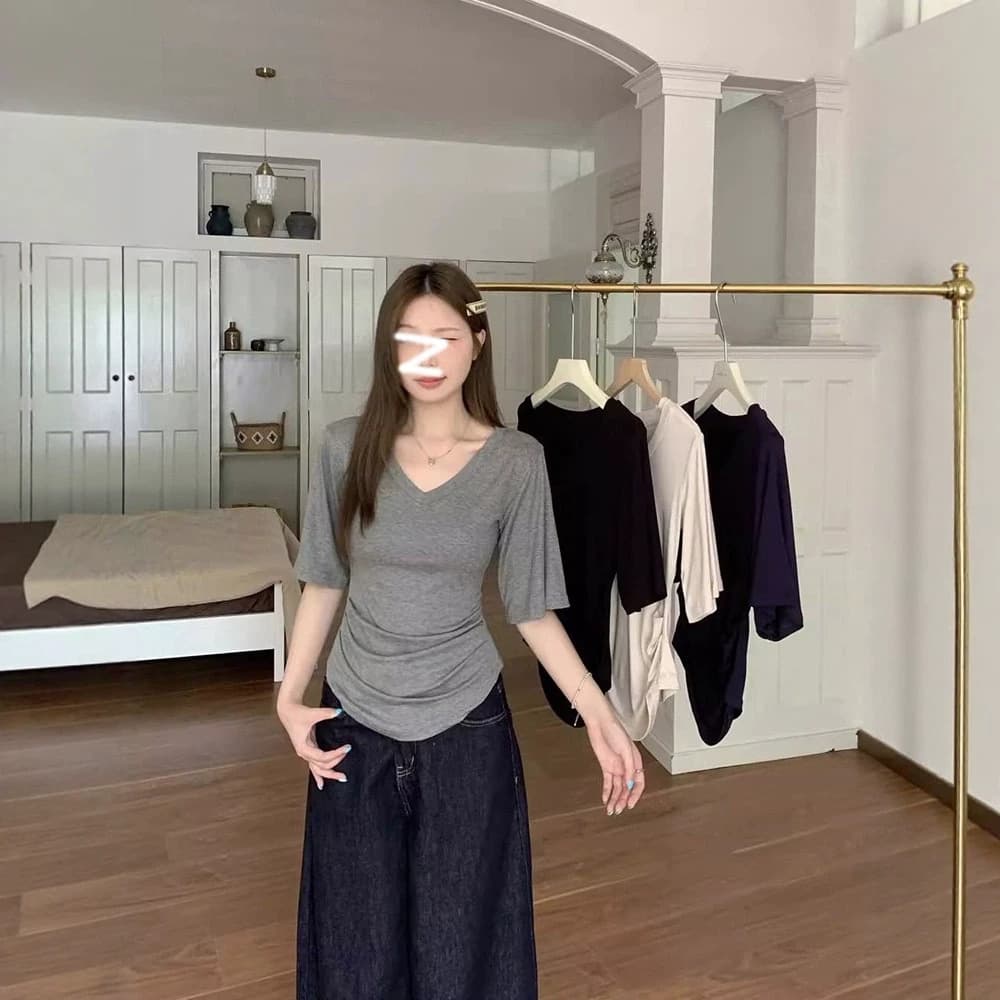 2026 Summer New Premium Slim Fit Sheer Style Top Base Tee V-Neck Loose Short Sleeve T-Shirt Women Fashion T