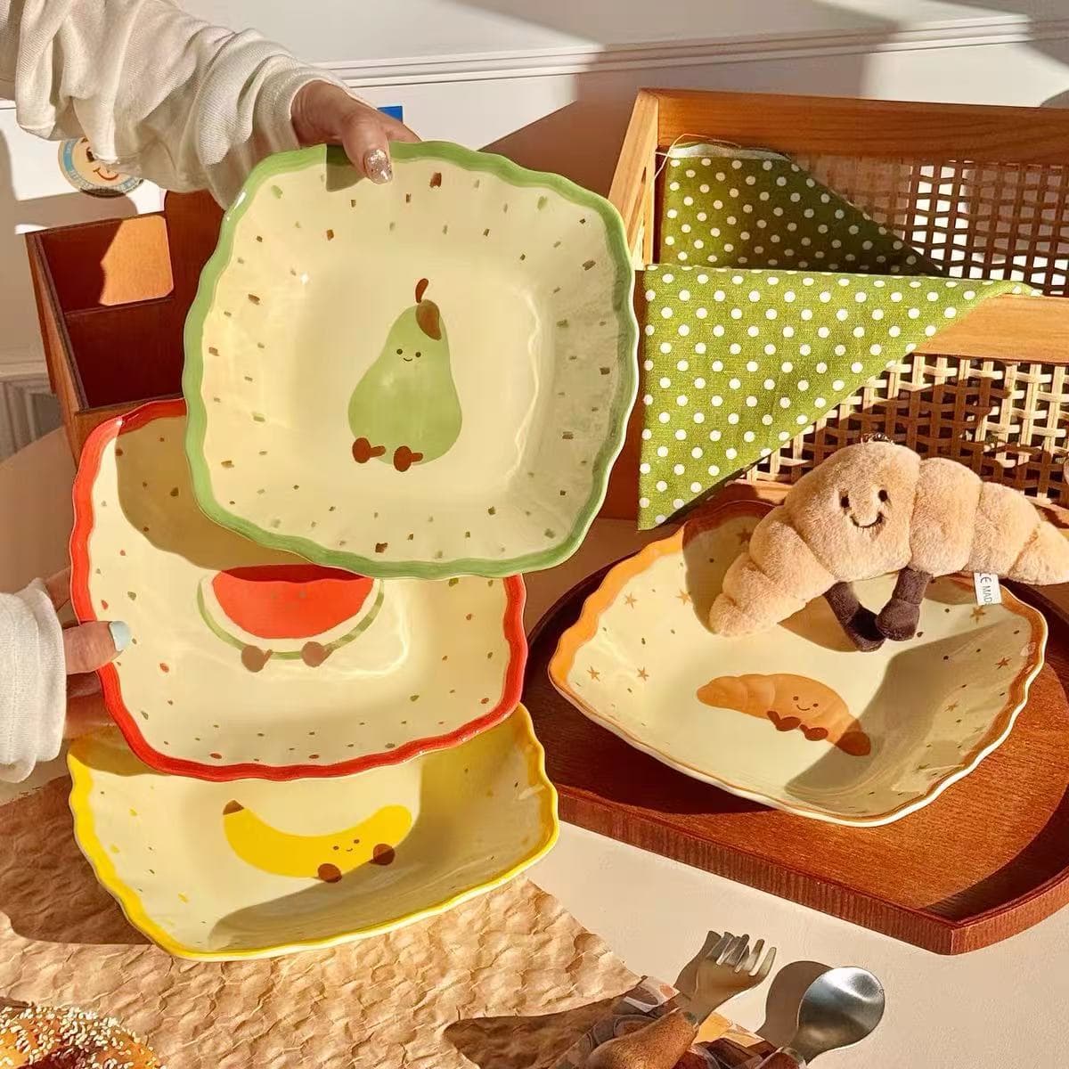 Fruit Croissant Cute Square Plate Ceramic Home High Aesthetic Plate Dish Deep Plate Breakfast Plate Snack Plate Salad Plate