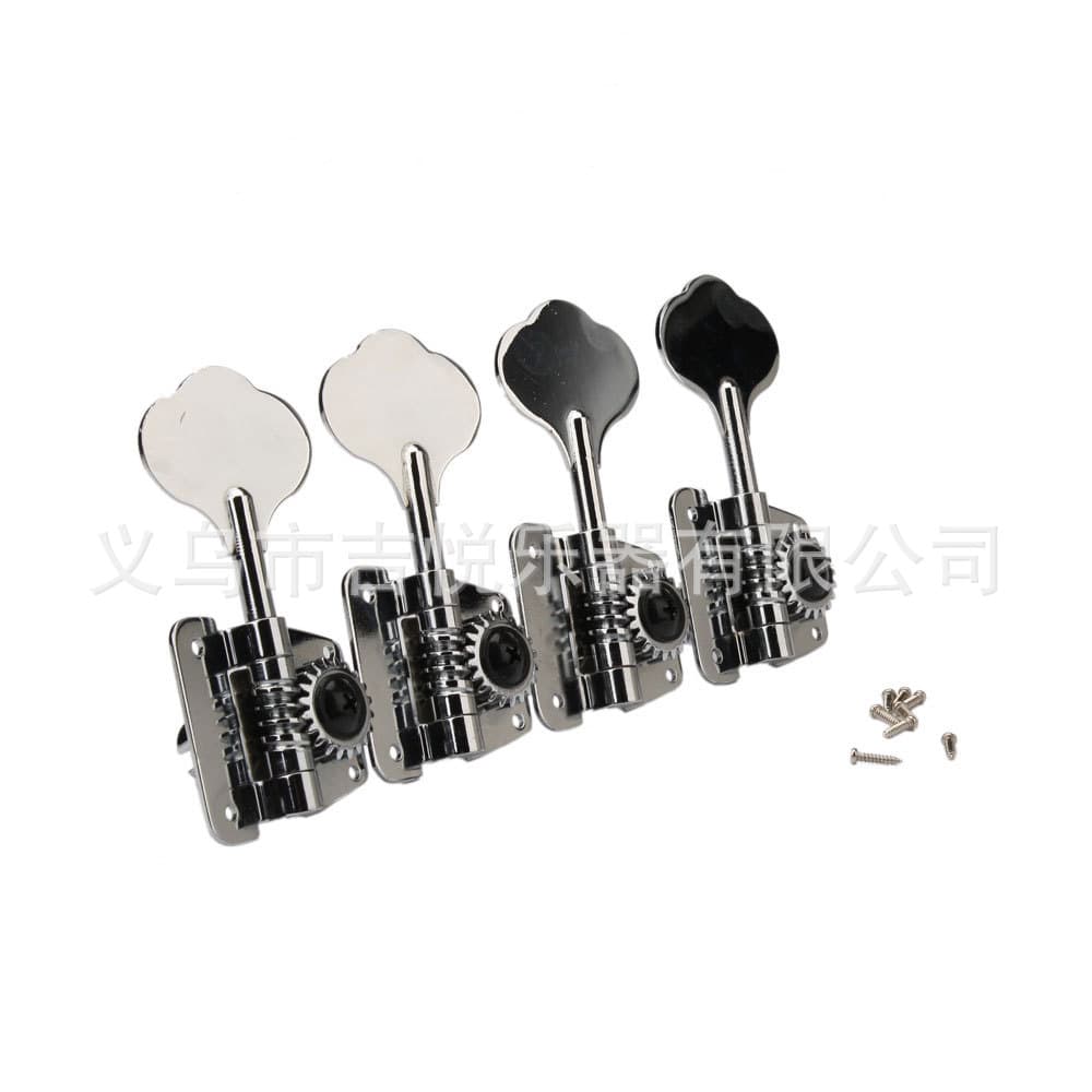 Silver Open-Gear Bass Tuning Pegs, Electric Bass Guitar Machine Heads with Clover Buttons, String Pegs and Knobs