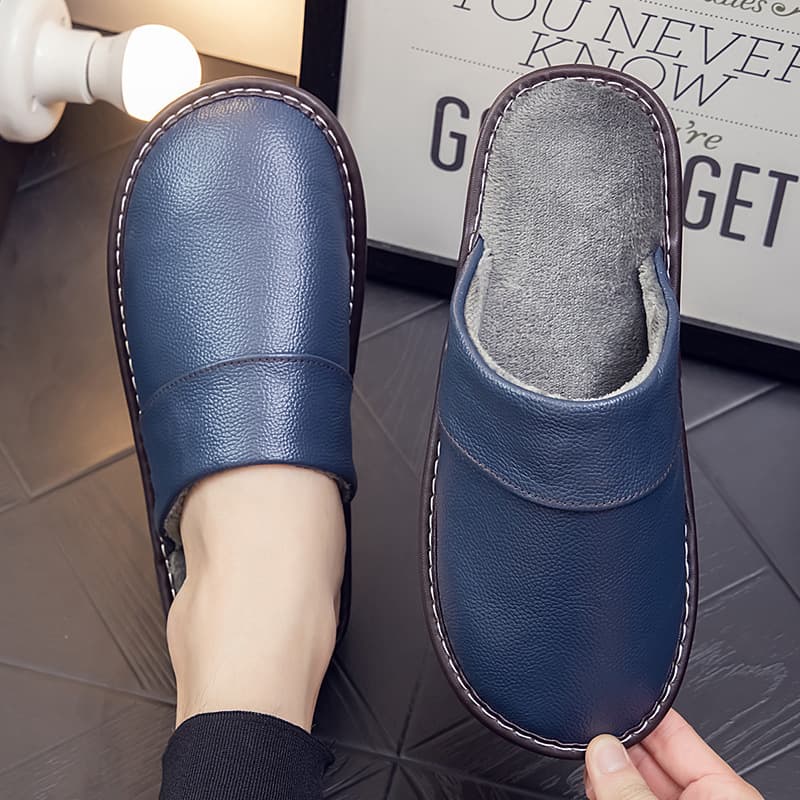 Haining Genuine Leather Warm Home Use Cowhide Cotton Slippers Autumn/Winter Unisex Indoor Anti-slip Waterproof Thick Sole