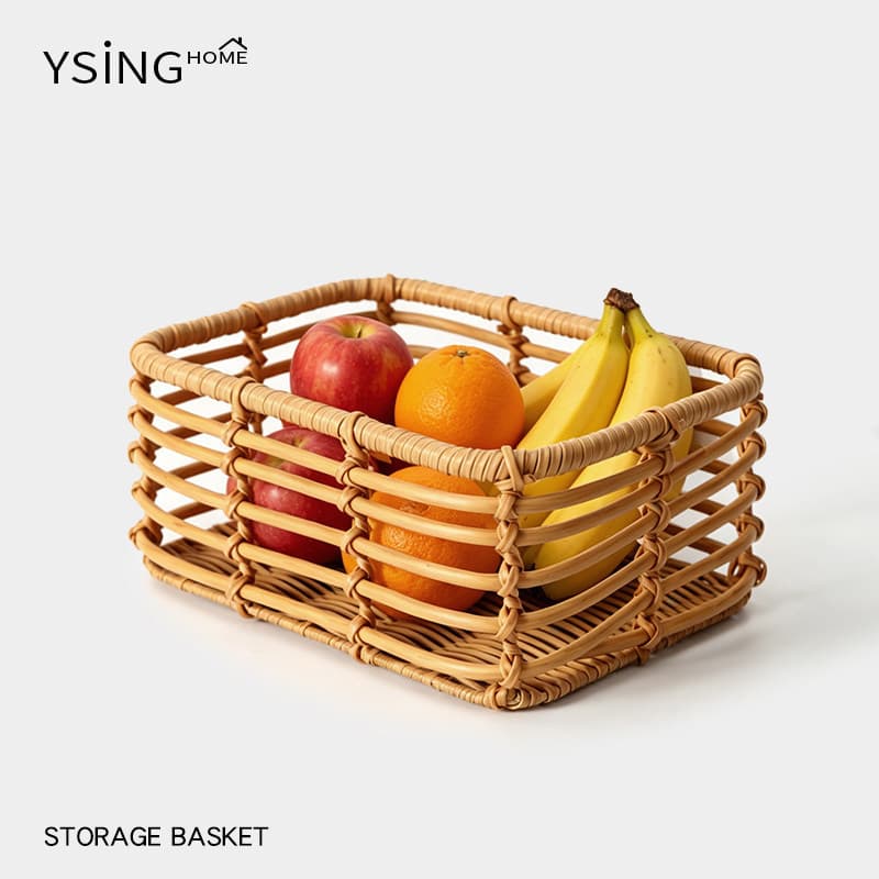 Japanese-style imitation rattan woven desktop fruit basket, household kitchen fruit, vegetable and snack organizer basket, waterproof and oil-proof storage box, storage basket