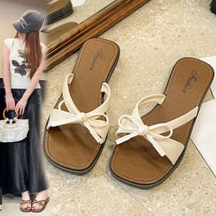 Women's Summer Slippers, Cross-Border Bow Slippers, New Casual Fashion Versatile Flat Beach Sandals for Outdoor Wear