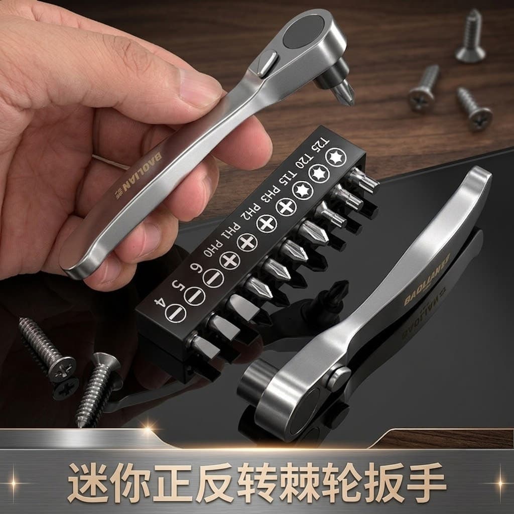 Mini Ratchet Wrench Set, Bidirectional Forward and Reverse Quick-Use Screwdriver with Cross and Flathead Bits