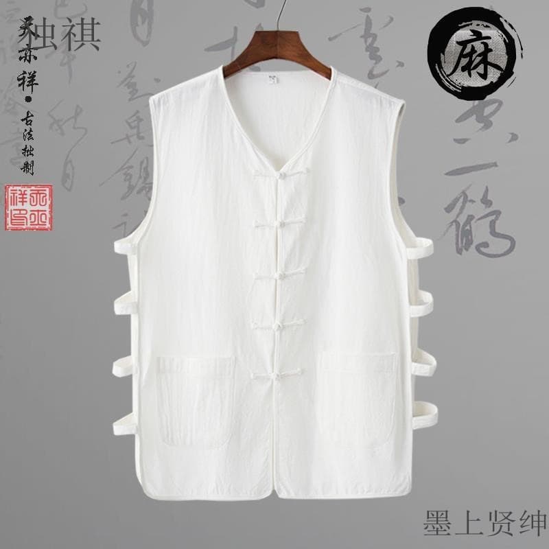 Summer Thin Asian Cotton and Linen Vest Chinese Style Tang Suit Men's Vest Clip Han Jacket Buckle Old Man Sweatshirt Beijing Waistcoat