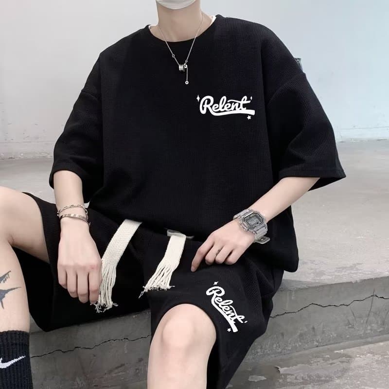 Waffle T-shirt Pants Set Men's Summer Duffy Handsome All-match Casual Suit Teenagers Fashion Set