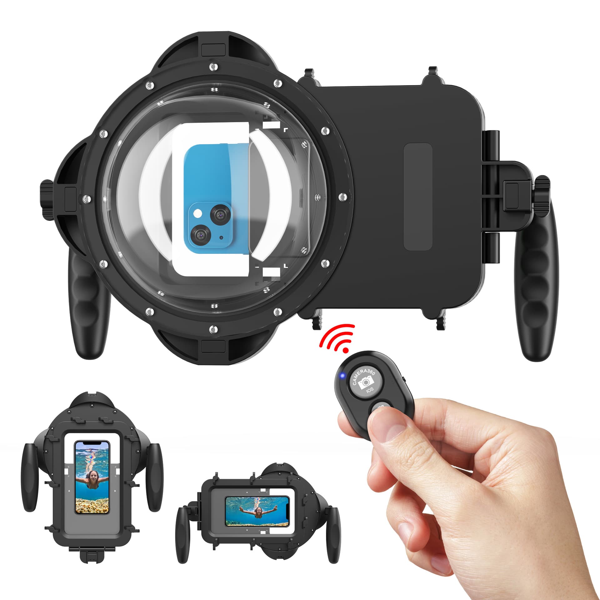 Suitable for mobile phone diving masks, half water and half air ball masks, underwater snorkeling handheld curved masks, fish eye masks