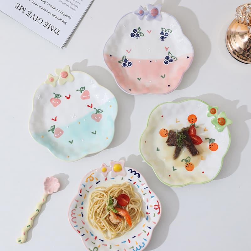 Hand-painted Embossed Floral Ceramic Plate Breakfast Plate Dessert Plate Home Use Dish Cute Fruit Plate Pasta Salad Plate