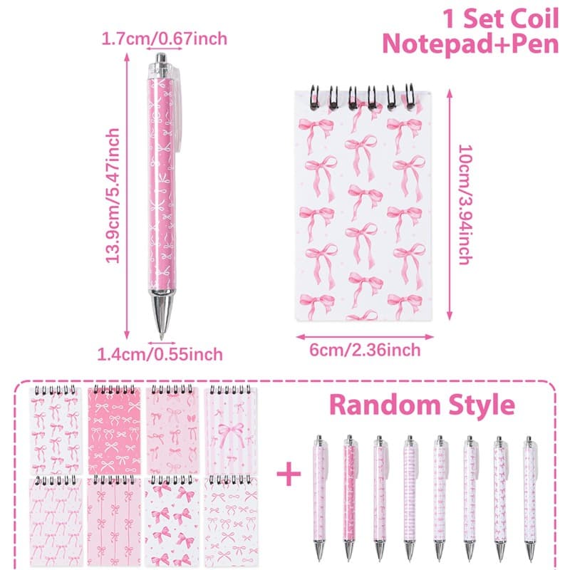 Children's Pink White Bow Theme Spiral Notebook Ballpoint Pen Set Pocket Diary Student Portable Classroom Note