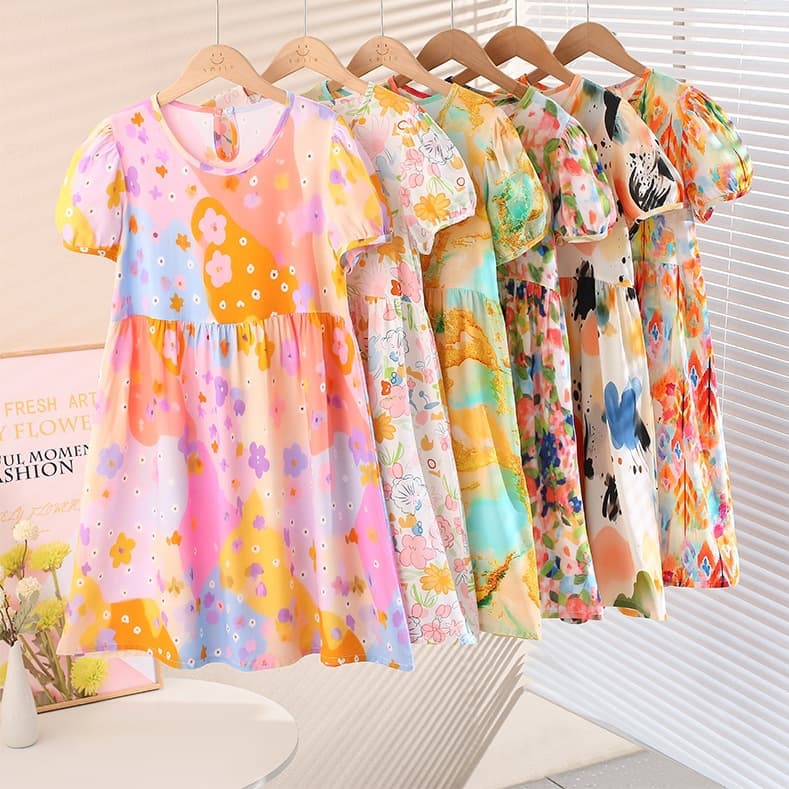 2026 Summer Girls Dress Painted Round Neck Sweet Princess Dress Baby Bubble Sleeve Colorful Floral Dress