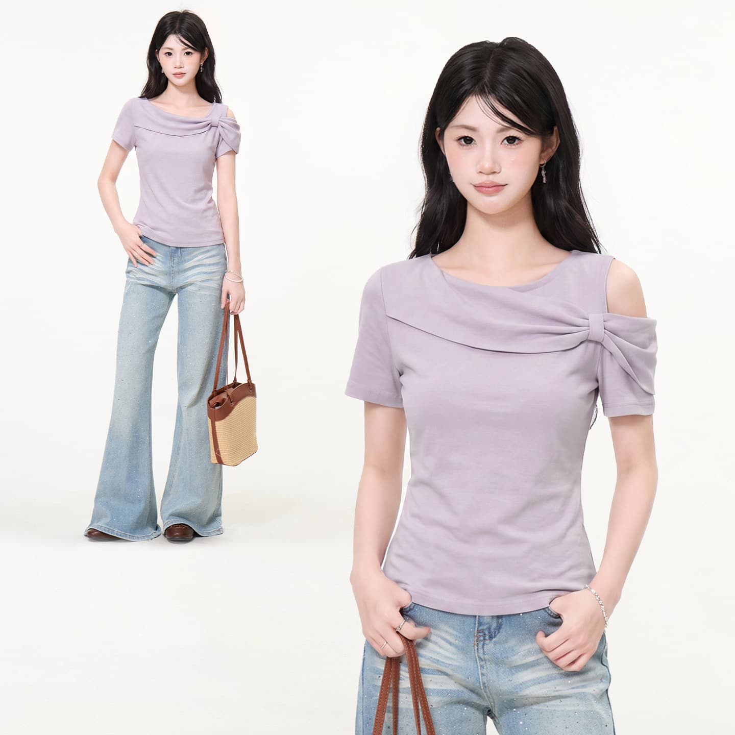 Purple Fake Two-Piece Off-Shoulder Short-Sleeve T-Shirt for Women 2026 Summer New Design Unique Fitted Cropped Top