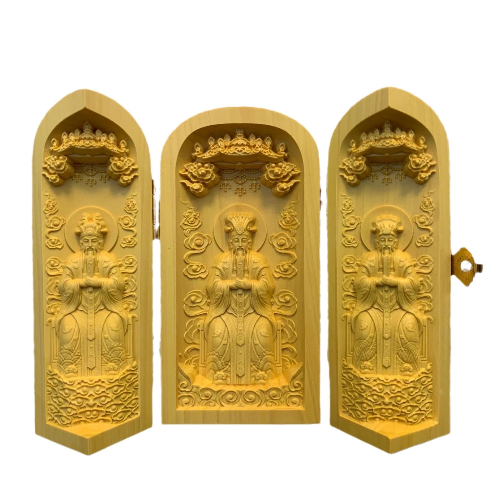 Boxwood Carving Three-Panel Box Zhang Tianshi Zhao Gongming Jiutian Xuannv Wenchang Dijun Three Officials Emperor Wang Lingguan Xuantian Shangdi