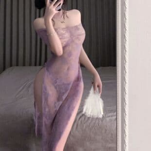 One-Shoulder See-Through Chinese-Style Cheongsam Lingerie, Sexy Lace Babydoll, Pure and Seductive Sleepwear for Women