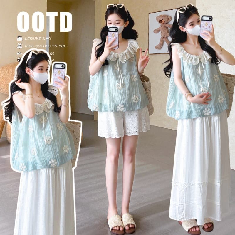 2026 New Summer Style Korean Loose Sweet Fresh Babydoll Top with Lace Collar Two-Piece Maternity Set