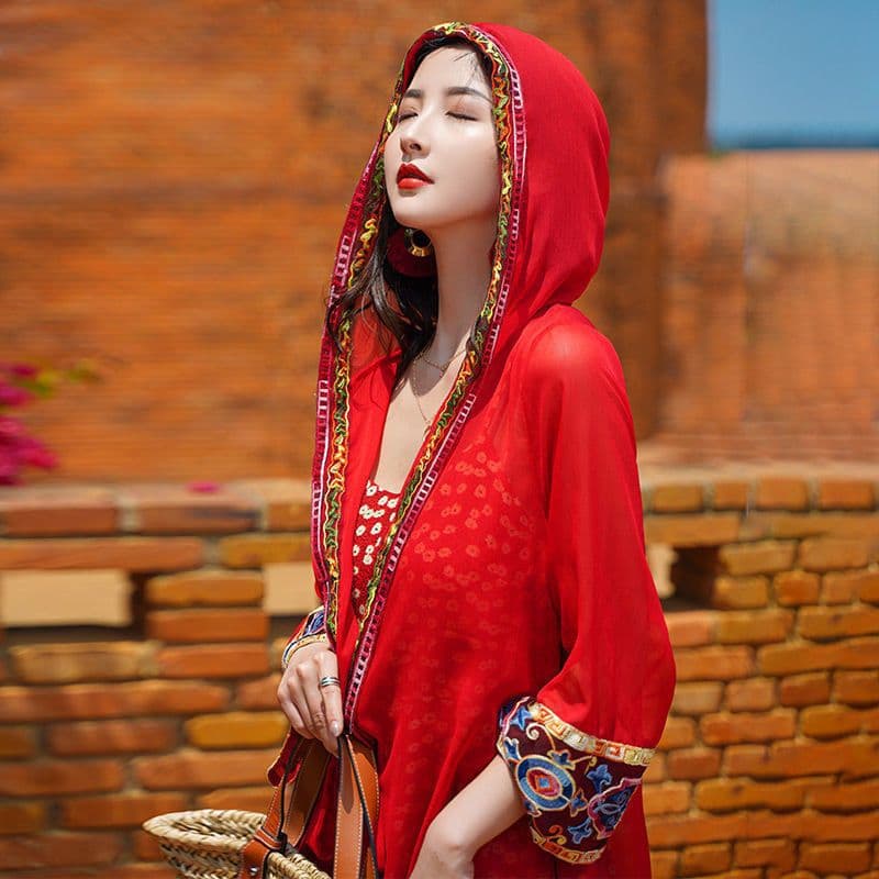 Beach Vacation Ethnic Print Chiffon Hooded Sun Protection Cardigan for Women, Travel Photo Shoot Flowing Long Open Front
