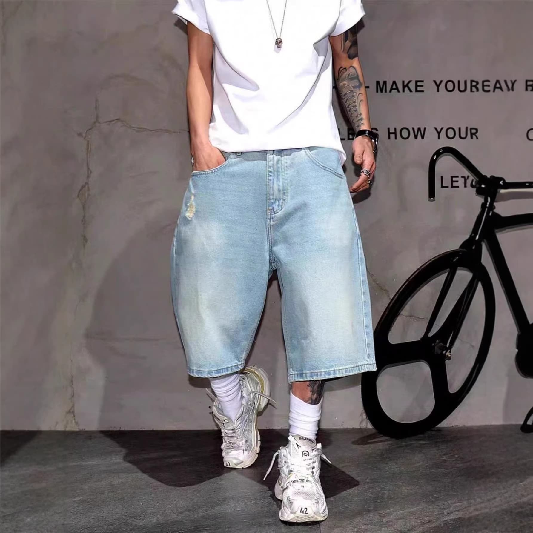 Cross-border trade American high street washed distressed ripped denim shorts for men, trendy brand loose wide-leg shorts