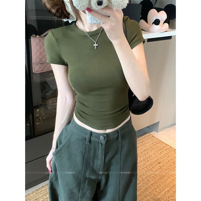 Military Green Slim Fit Short Sleeve T-Shirt for Women 2026 New Summer Inner Layering Base Top Slimming Versatile Cropped Top