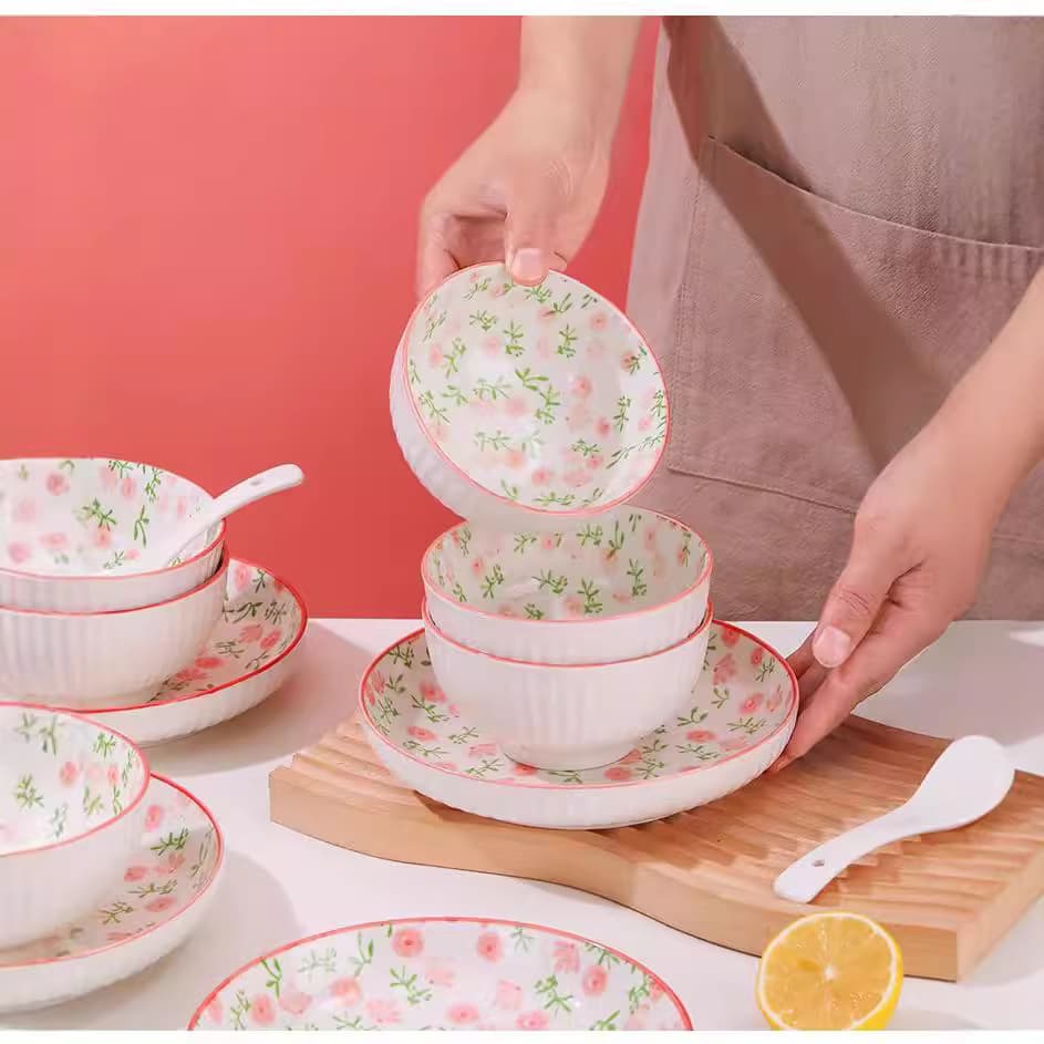 Japanese-Style Small Floral Rice Bowl, Household Underglaze Ceramic Bowl and Plate Set, Fresh and Simple Ins-Style Tableware