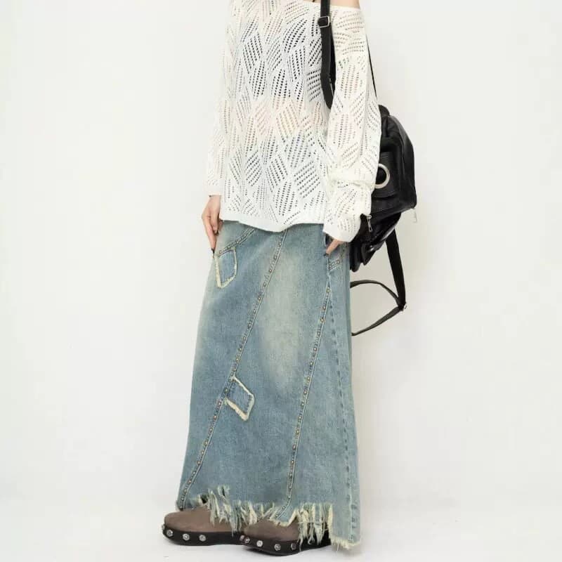 Retro High-Waist A-Line Denim Skirt for Women, Irregular Design Fringe Long Skirt, Tassel Skirt for Petite Figures