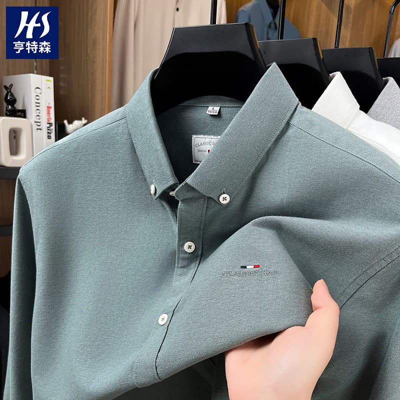 Cross-border 100% cotton brushed long-sleeved shirt for men 2025 autumn new business lapel solid color embroidered men's shirt