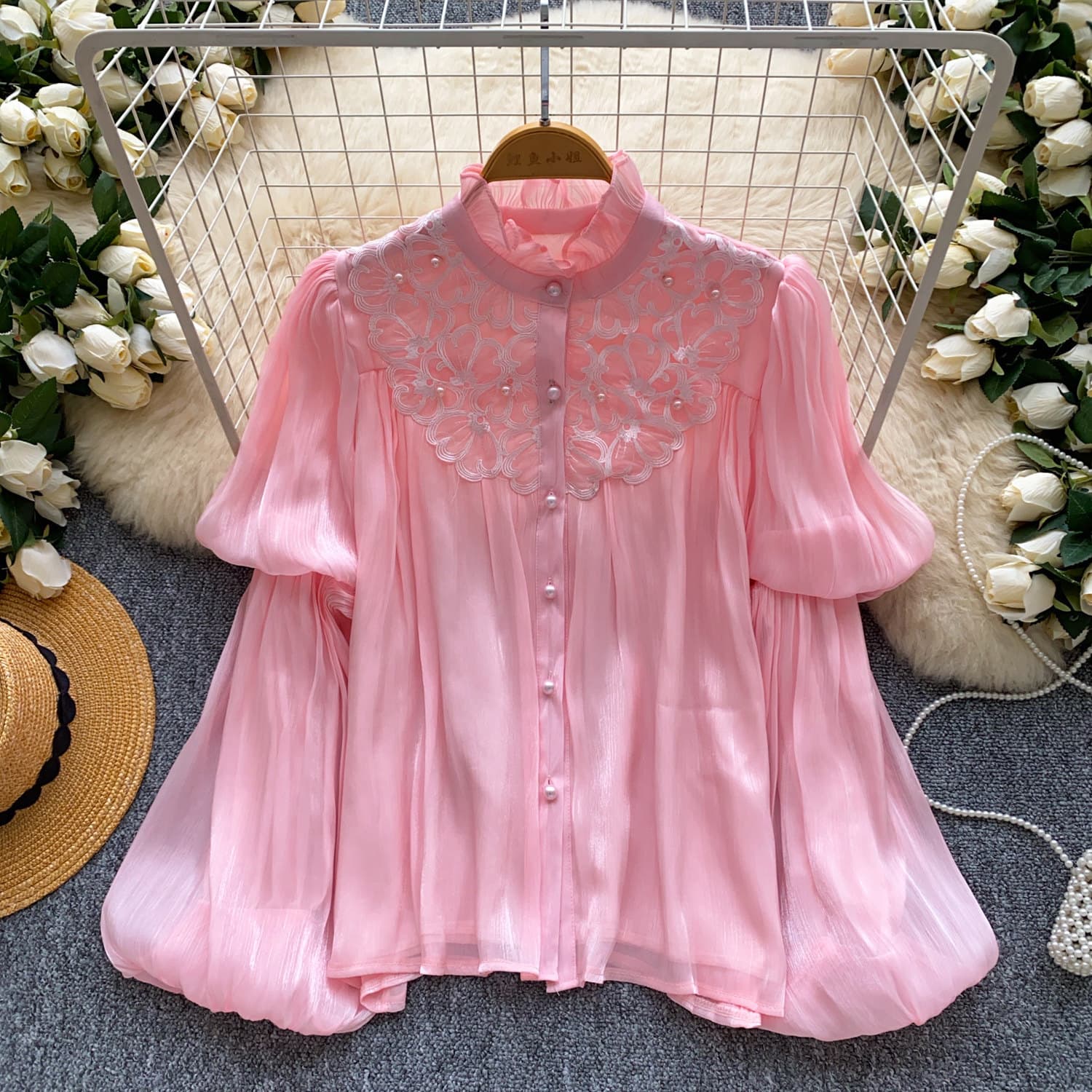 French Gentle Style White Lace Puff Sleeve Blouse Women Spring Pearl Luster Commute Premium Top