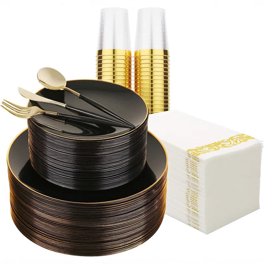 175-Piece Disposable Dinnerware Set, Black Plates with Gold Rim, Double Festival Cutlery, Wine Glasses, White Dinner Plates with Gold Rim