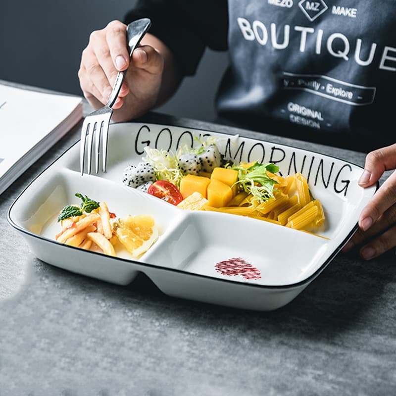 Ceramic Sectioned Plate, Fast Food Plate, Vegetable Plate, Breakfast Fruit Plate, Adult Cafeteria Serving Plate, Wholesale Western Food Plate, Dumpling Plate