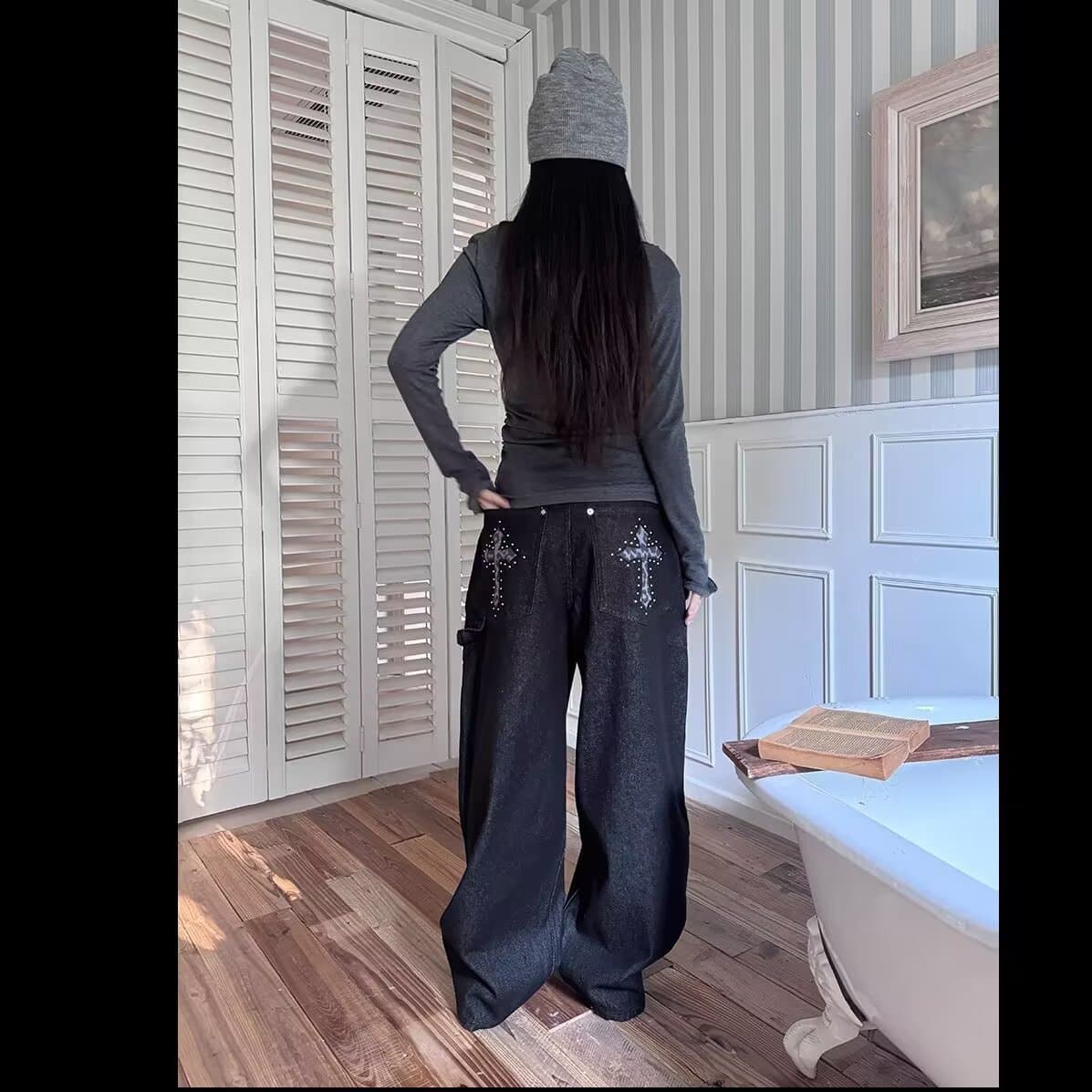 Year of the Snake Limited Edition Curved Python Black Jeans, Loose Fit Unisex Pants, American Style Relaxed Floor-Length Casual Pants, Straight Leg Pants