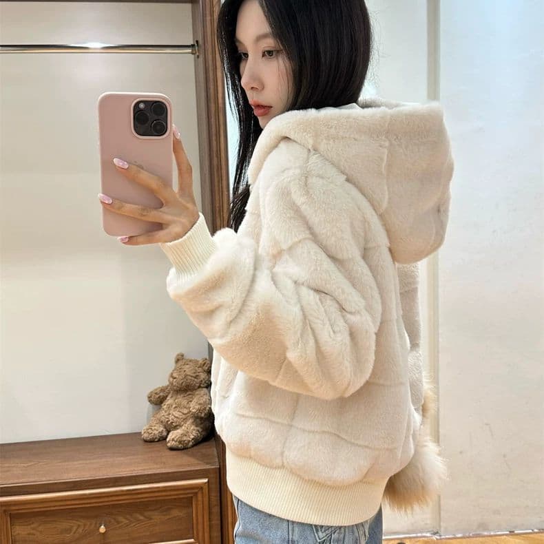 Lazy Style Faux Mink Fur Hooded Short Coat in Apricot Color, Soft and Eco-Friendly Fur for Women