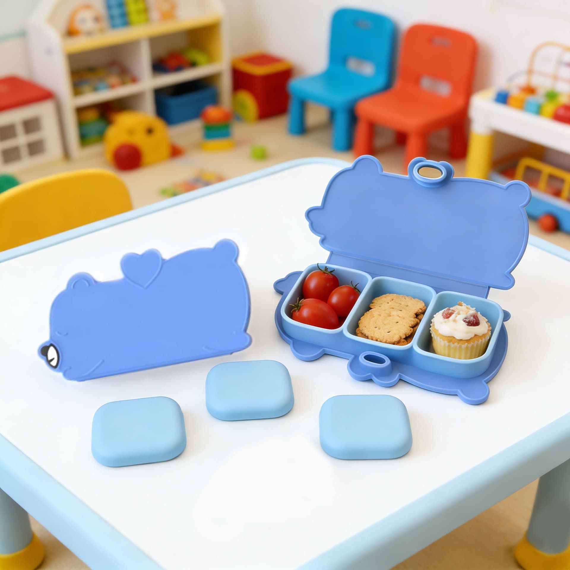Food-Grade Silicone Plate Baby Tableware Portable Foldable Placemat with Lid Snack Tray Kids Divided Plate