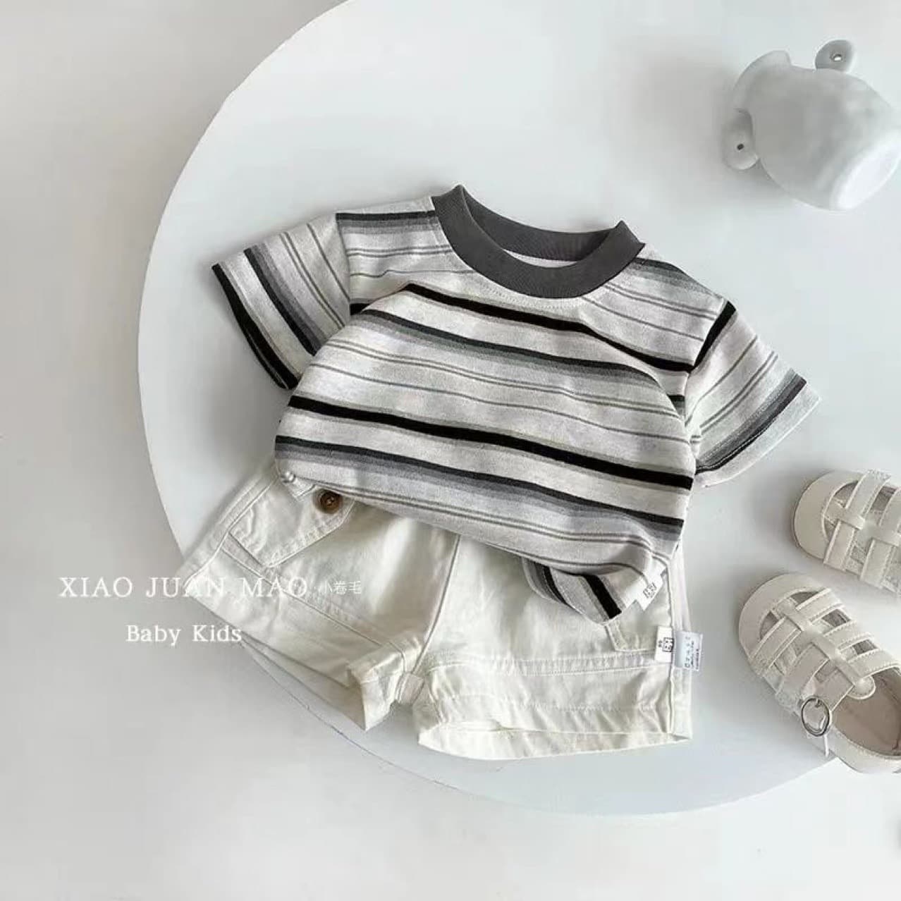Boys Summer Outfit Set 2025 New Boys Korean Style Trendy Casual Striped Top Cargo Shorts Two-Piece Set