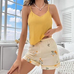 New Summer Cotton Crepe Camisole Shorts Pajama Set for Women, Casual Comfortable Printed Two-Piece Set
