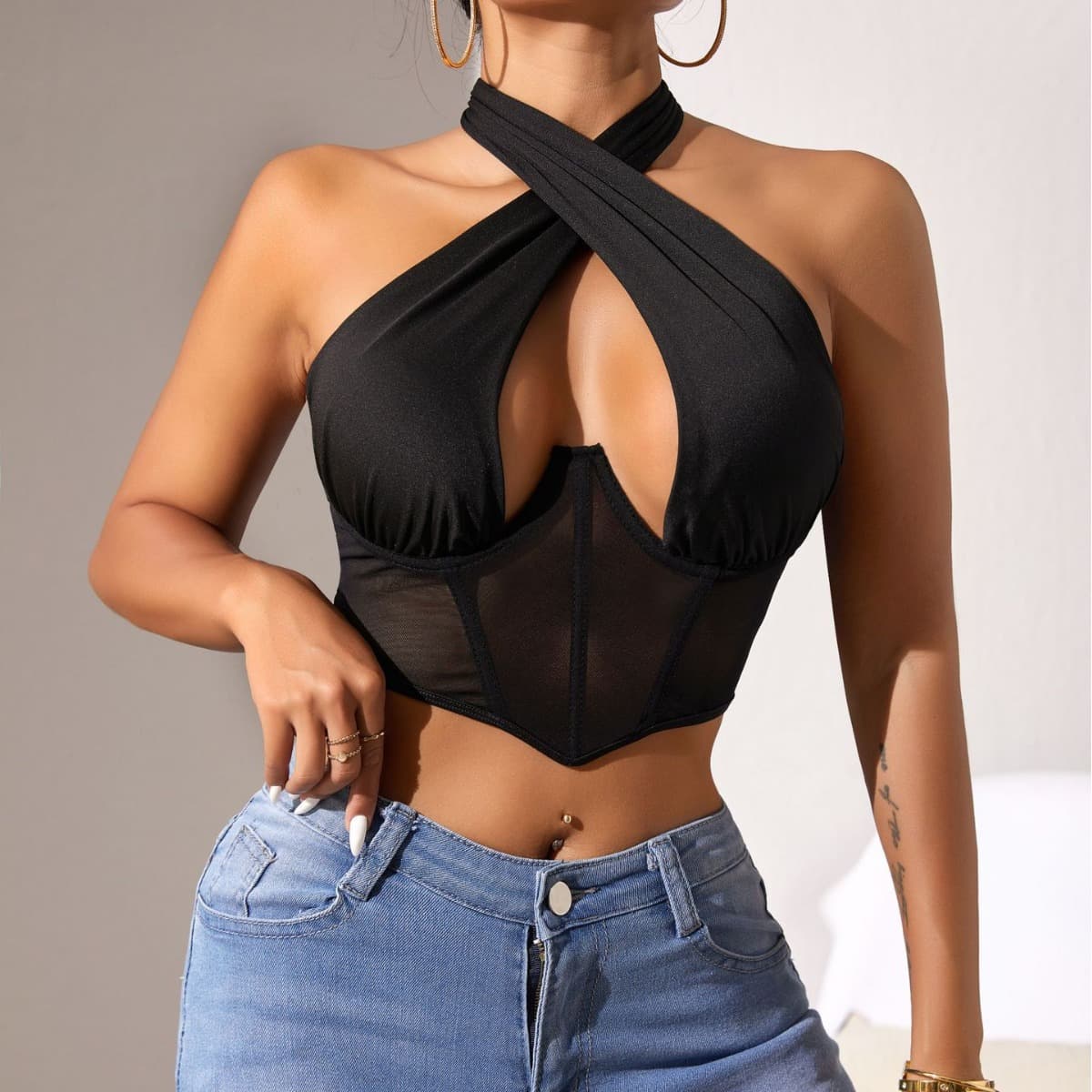 Cross-border Amazon AliExpress European and American sexy mesh patchwork halter neck bra cross design fishbone women's bra