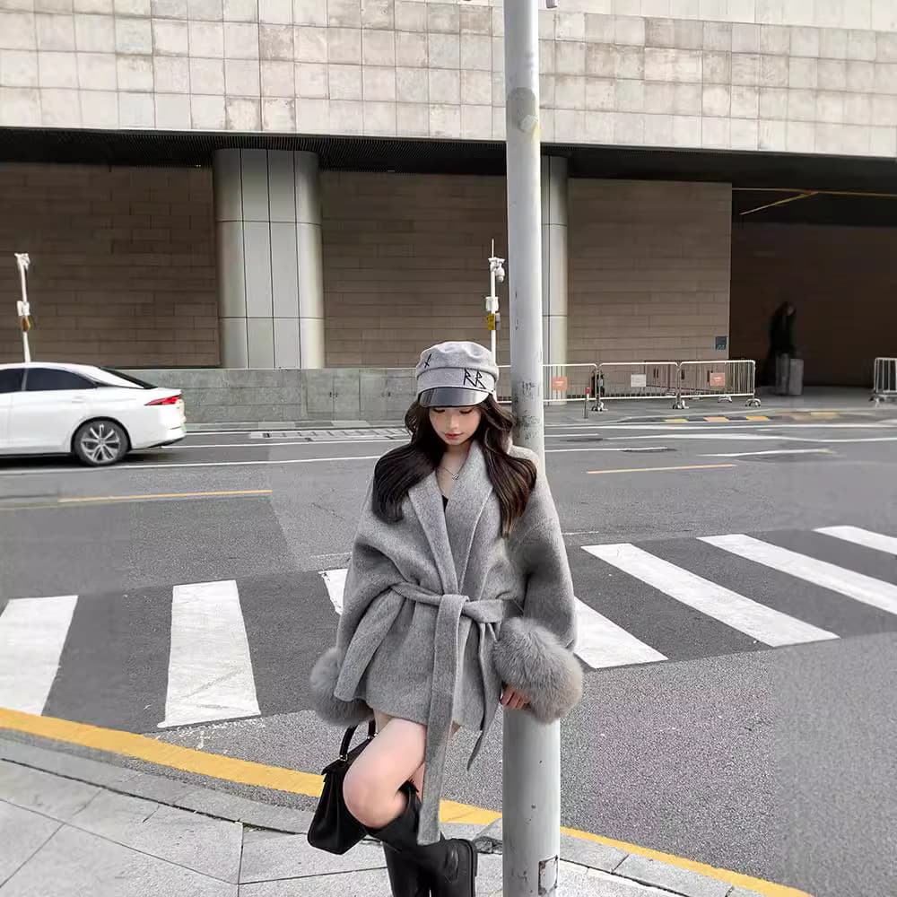 [Factory Stock] Gray Tie Waist Wool Coat for Women Autumn/Winter Long Sleeve Loose Mid-Length Coat Top
