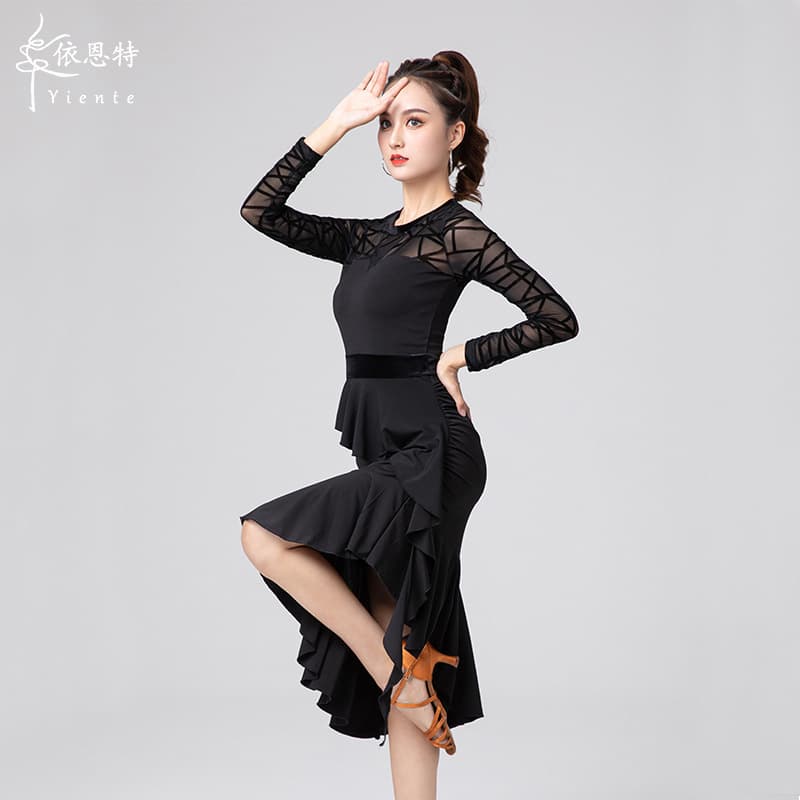 2026 New Latin Dance Performance Costume for Women Adult Autumn/Winter Long-Sleeve Dress for Competition and Practice