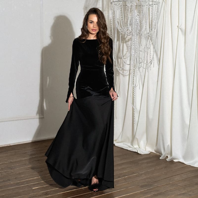 D053DS European and American cross-border 2025 spring foreign trade new women's round neck long-sleeved long skirt Amazon solid color stitching