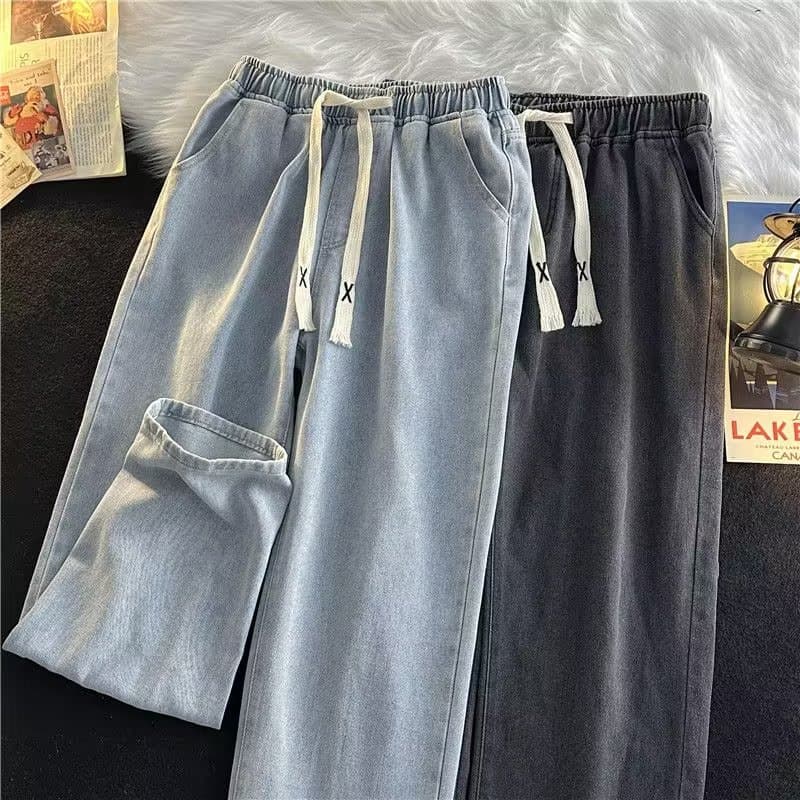 Source manufacturer elastic waist denim long pants for men, spring and autumn floor-length loose straight-leg dark blue wide-leg trousers