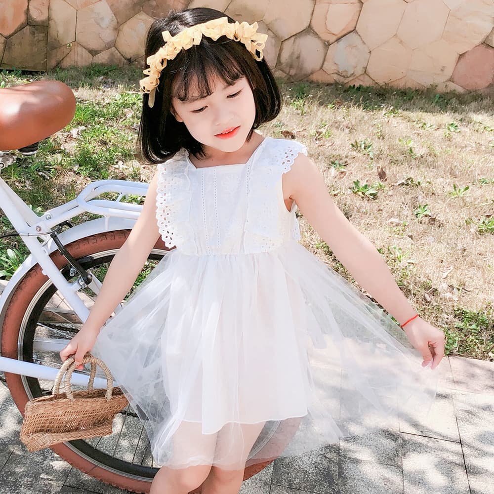 Children's 2025 new Korean summer girls' dresses, lace princess dresses, Korean solid color skirts for children and middle-aged children