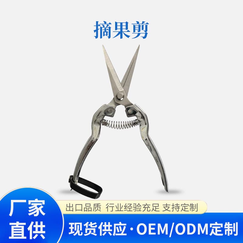Garden pruning shears, stainless steel with plastic-coated handle and upturned tip, for grafting fruit trees and picking fruit. Gardening tools.