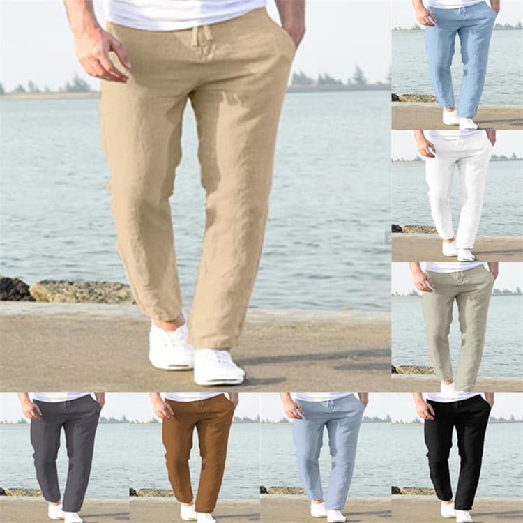 Men's linen summer casual pants drawstring elastic waist solid color breathable daily pencil pencil pants trousers