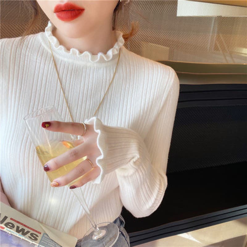 Knit Base Layer Top for Women Fall/Winter Inner Wear Stylish 2026 New Ruffle Trim White Sweater Thin Fitted Shirt