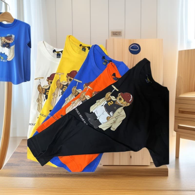 New Japanese and Korean Style Export RL Casual Cotton Polo Bear Print Boys T-Shirt Girls T-Shirt Children's Round Neck