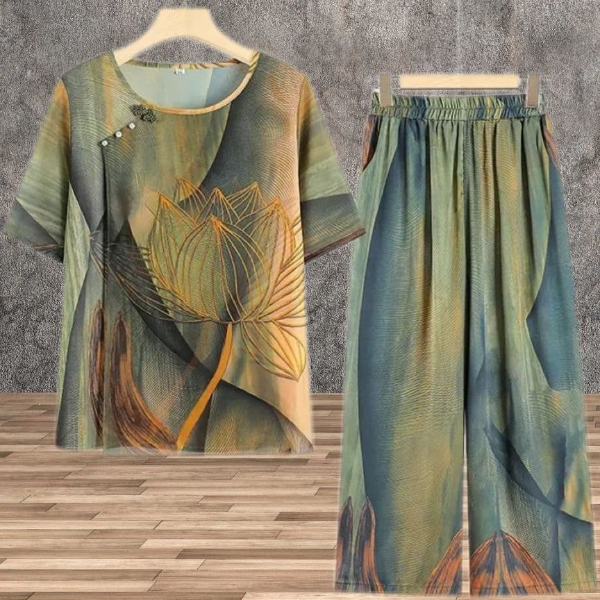 Middle-aged and Elderly Summer Short Sleeve Mother's Wear Summer Wide Leg Ice Silk Cool Loose Belly Hiding Slim Plus Size Set for Women