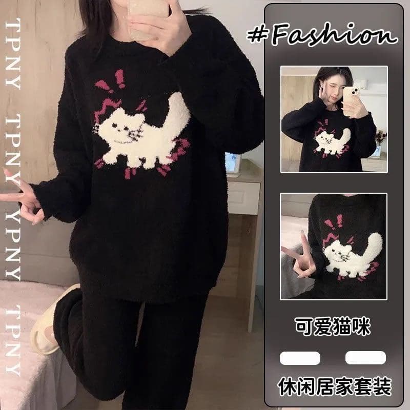Non-Returnable, Non-Exchangeable Autumn and Winter Pajamas for Women, Coral Velvet Warm Long-Sleeved Flannel Cute Girl Home Wear Set
