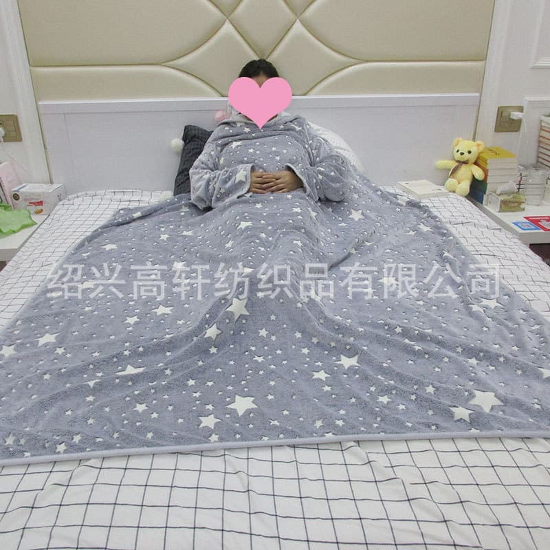 Flannel TV Blanket, Lazy Blanket, Gray Star Printed Glow-in-the-Dark Blanket, Sleeved Blanket, Single Casual Home Blanket